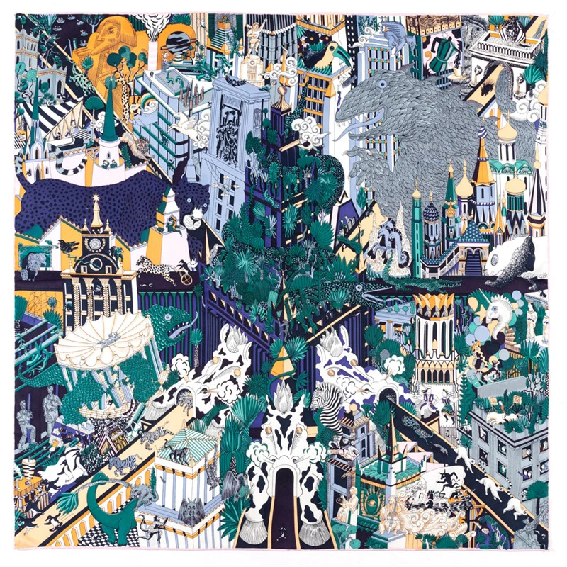 POBING Manual Hand Rolled Twill Silk Scarf Women Animals Kingdom Square Scarves Echarpes Foulards Femme Wrap Bandana Hijab 90CM