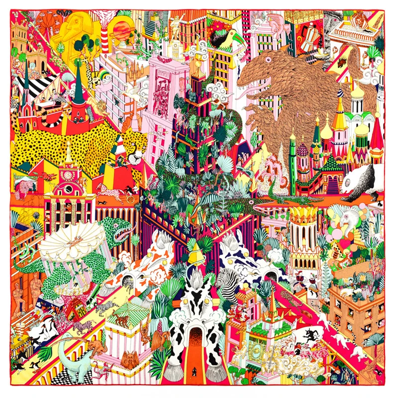 POBING Manual Hand Rolled Twill Silk Scarf Women Animals Kingdom Square Scarves Echarpes Foulards Femme Wrap Bandana Hijab 90CM