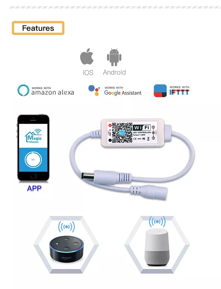 Magic Home DC 12V 24V Wireless Mini WiFi Dimmable Controller Single Color LED Controllers for 2835 5050 5730 LED Strip Light