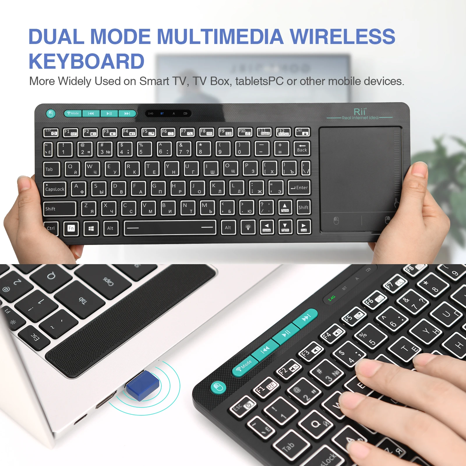 Rii K18S Wireless Backlit Russian Mini Bluetooth Keyboard with Multi-Touch For Smart TV Android TV Box,IPTV HTPC,PC