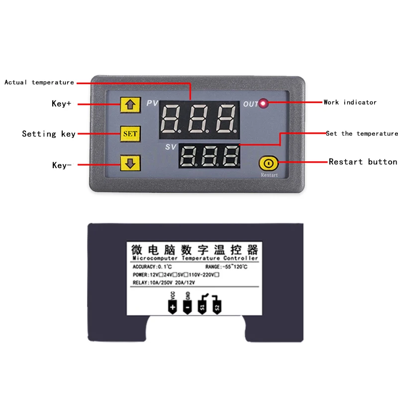 W3230 12V 24V AC110-220V Probe line 20A Digital Temperature Control LED Display Thermostat With Heat/Cooling Control Instrument