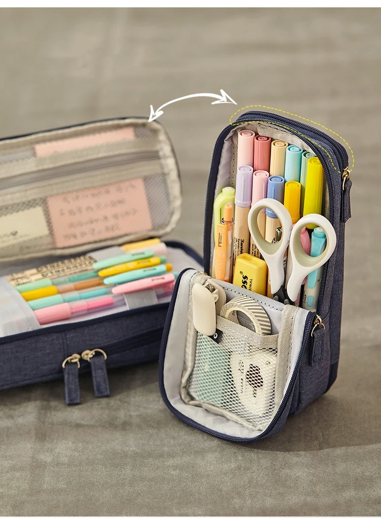 Angoo Normcore Pen Bag Pencil Case Two Layer Foldable Stand Fabric Phone Holder Storage Pouch for Stationery Office School A6171