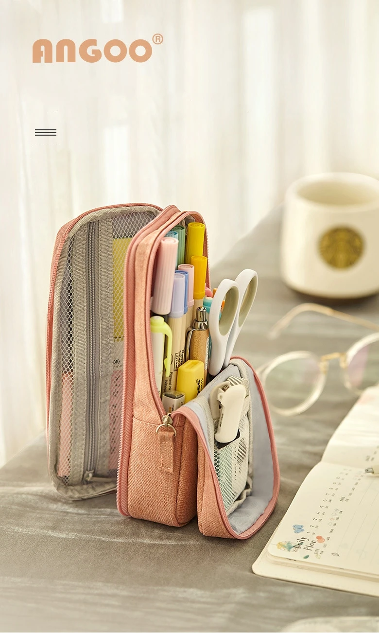 Angoo Normcore Pen Bag Pencil Case Two Layer Foldable Stand Fabric Phone Holder Storage Pouch for Stationery Office School A6171