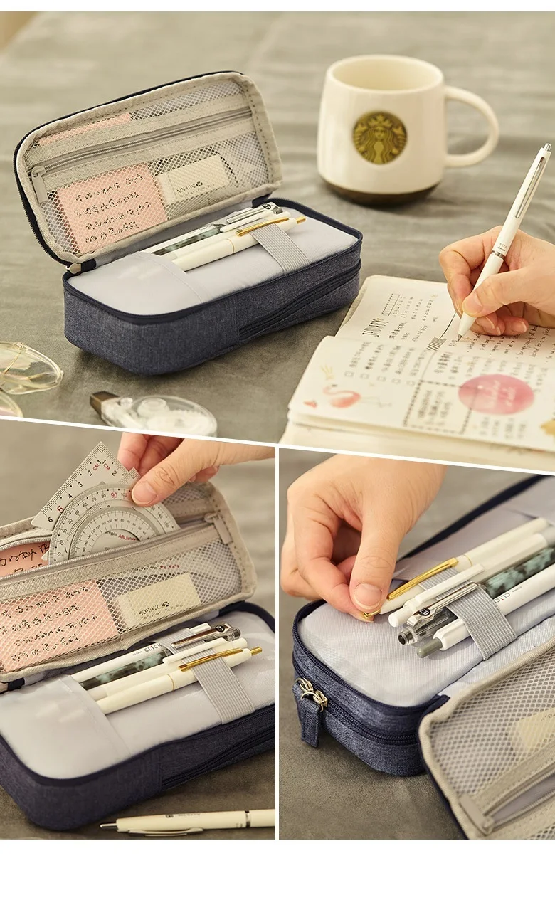 Angoo Normcore Pen Bag Pencil Case Two Layer Foldable Stand Fabric Phone Holder Storage Pouch for Stationery Office School A6171