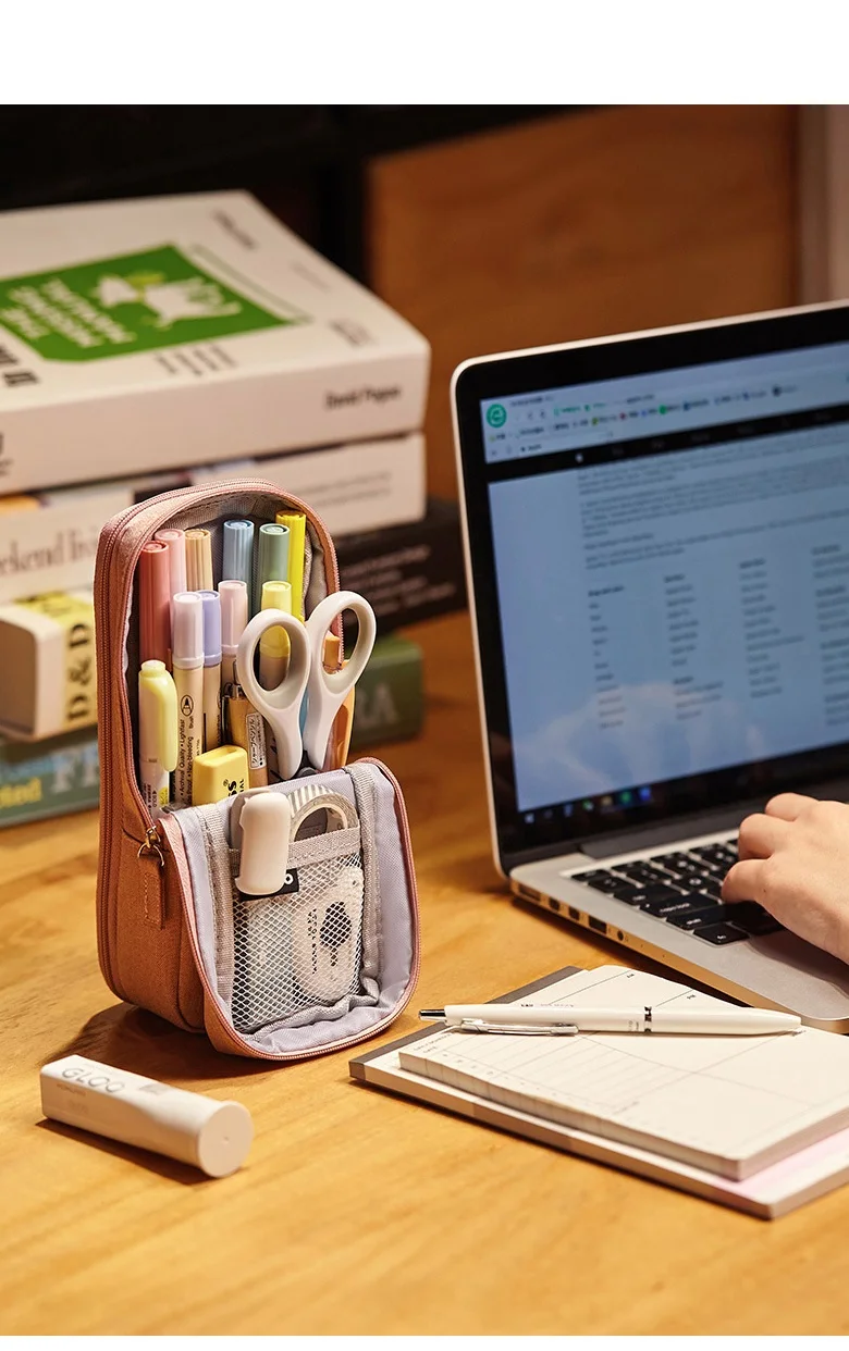 Angoo Normcore Pen Bag Pencil Case Two Layer Foldable Stand Fabric Phone Holder Storage Pouch for Stationery Office School A6171