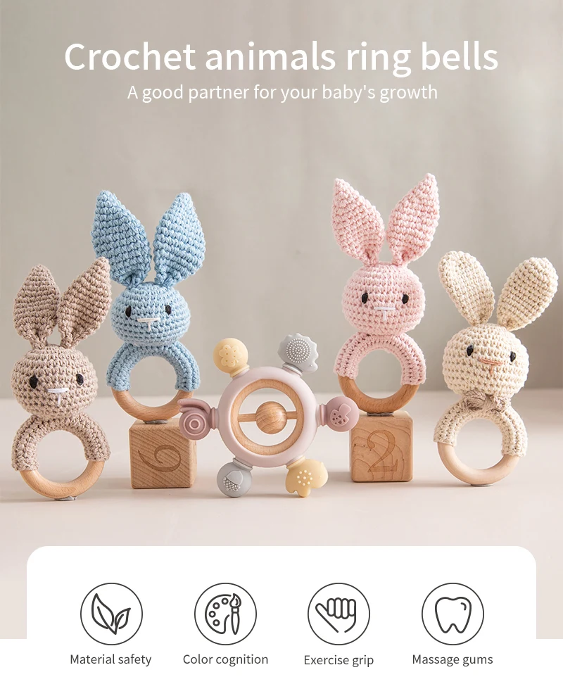 1pc Baby Teether Music Rattles for Kids Animal Crochet Rattle Elephant Giraffe Ring Wooden Babies Gym Montessori Children's Toys