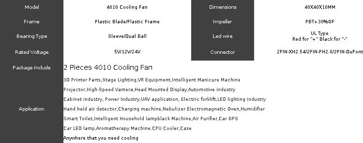 2 Pieces DC 24V 12V 5V 40mm x 40mm x 10mm 2-Pin Ball Bearing Computer PC Case Cooling Fan 4010 3D Printer Fan