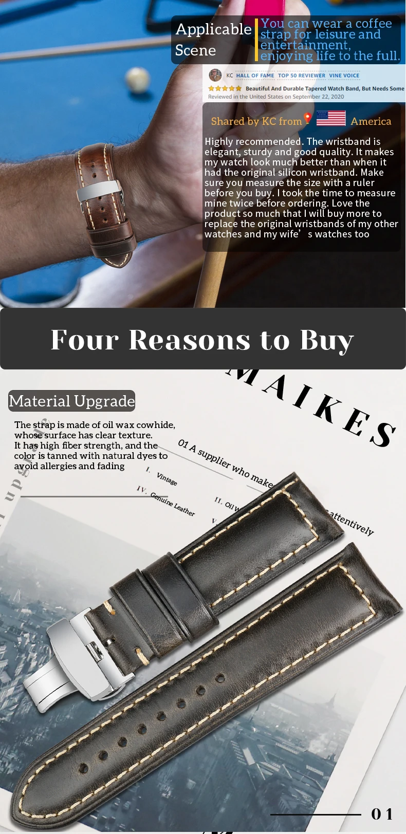 MAIKES High Quality Genuine Leather Watchband 18mm Calf Leather Watch Band Butterfly Buckle Strap Bracelet Accessories Wristband