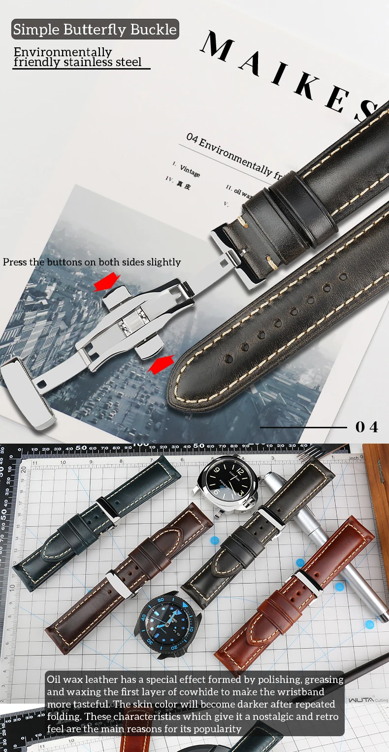 MAIKES High Quality Genuine Leather Watchband 18mm Calf Leather Watch Band Butterfly Buckle Strap Bracelet Accessories Wristband