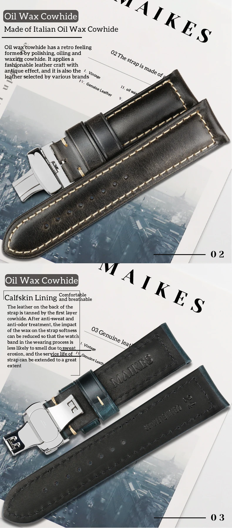 MAIKES High Quality Genuine Leather Watchband 18mm Calf Leather Watch Band Butterfly Buckle Strap Bracelet Accessories Wristband