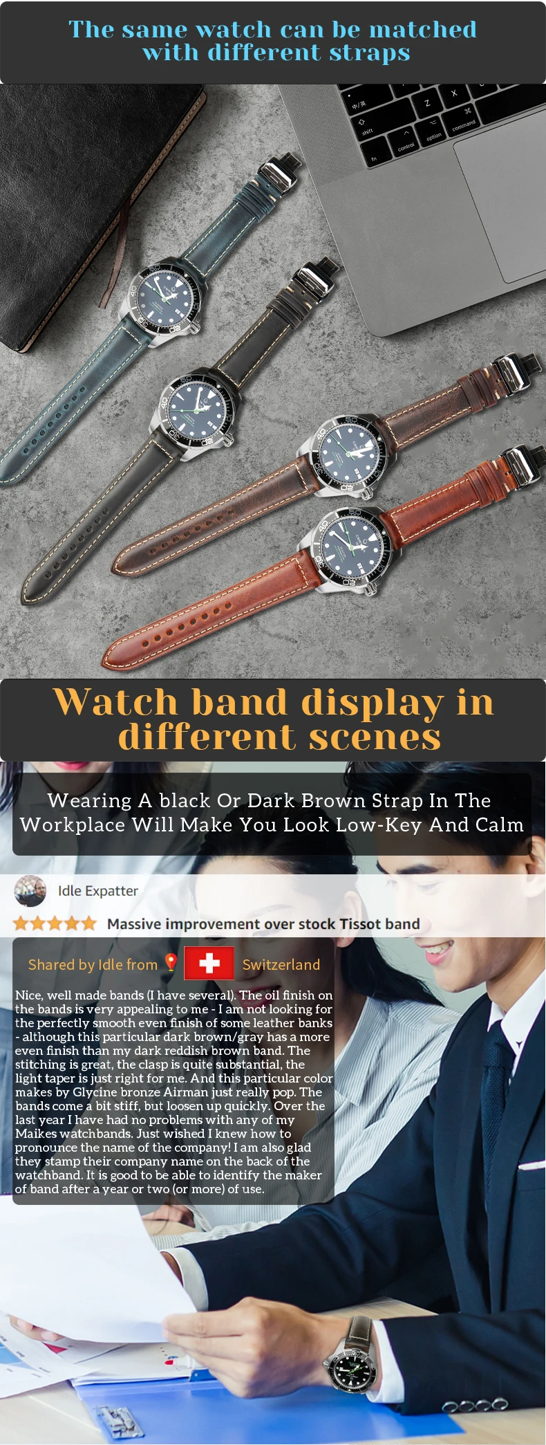 MAIKES High Quality Genuine Leather Watchband 18mm Calf Leather Watch Band Butterfly Buckle Strap Bracelet Accessories Wristband
