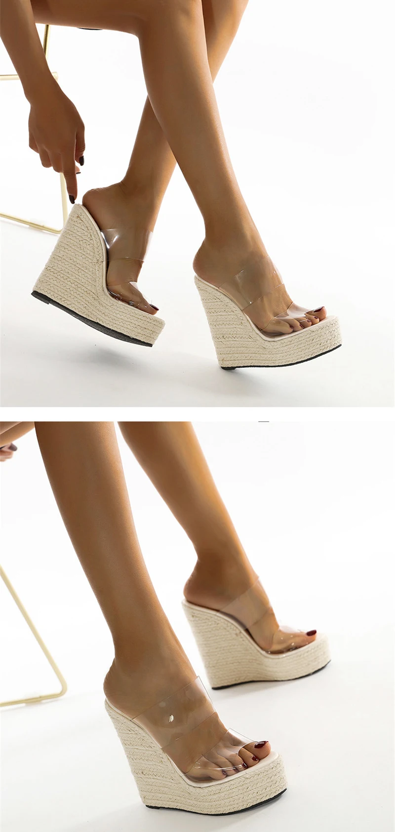 Eilyken Summer PVC Transparent Peep Toe Cane Straw Weave Slippers Platform Wedges Sandals Women Fashion High Heels Female Shoes