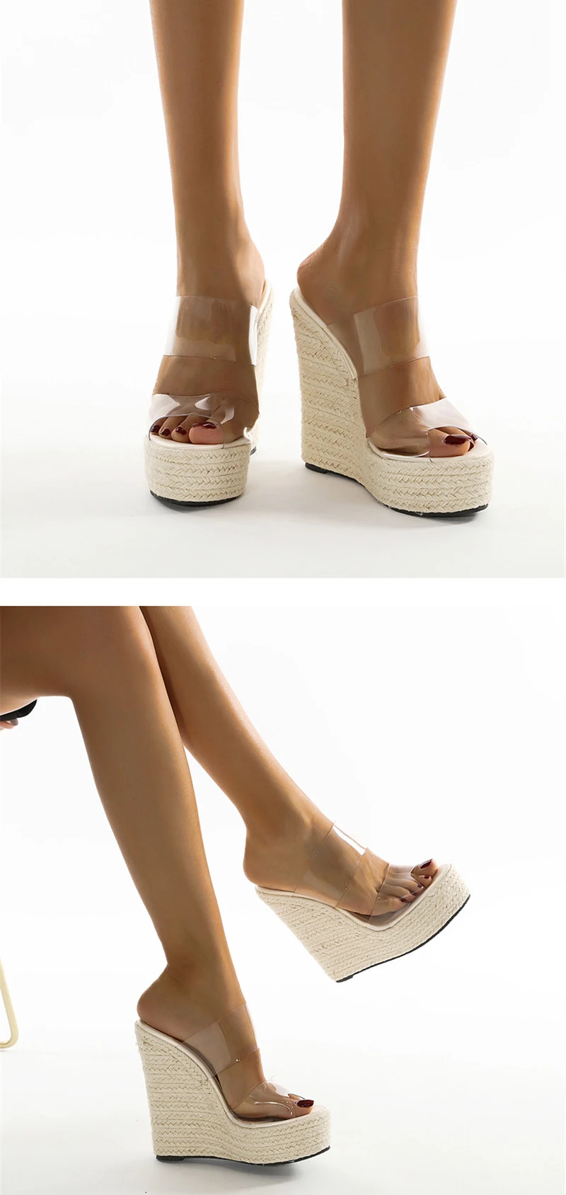 Eilyken Summer PVC Transparent Peep Toe Cane Straw Weave Slippers Platform Wedges Sandals Women Fashion High Heels Female Shoes