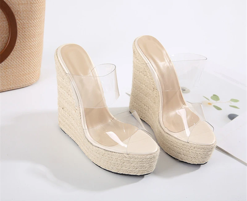 Eilyken Summer PVC Transparent Peep Toe Cane Straw Weave Slippers Platform Wedges Sandals Women Fashion High Heels Female Shoes
