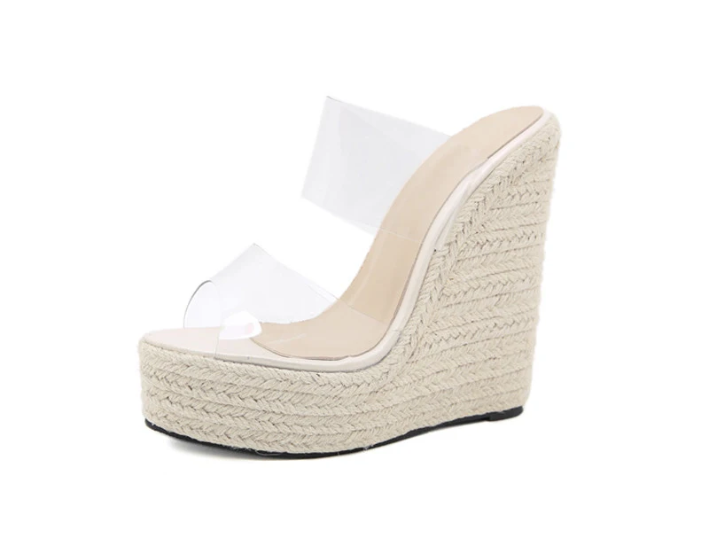 Eilyken Summer PVC Transparent Peep Toe Cane Straw Weave Slippers Platform Wedges Sandals Women Fashion High Heels Female Shoes