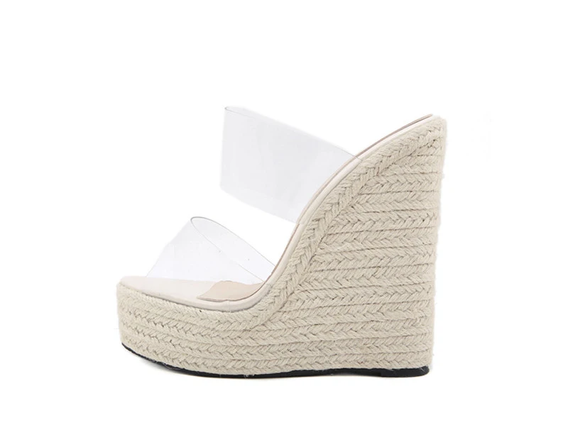 Eilyken Summer PVC Transparent Peep Toe Cane Straw Weave Slippers Platform Wedges Sandals Women Fashion High Heels Female Shoes