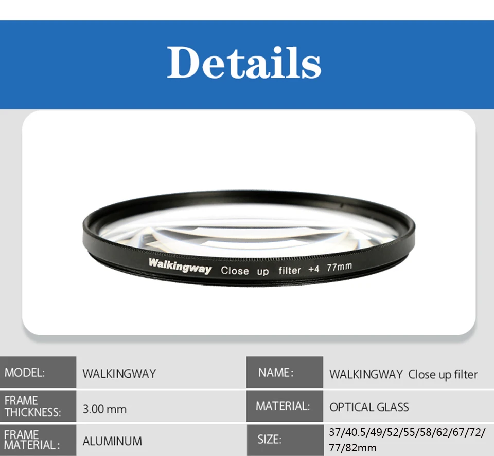 Walkingway Macro Close Up Filter DSLR Camera Lens Filter 37/40.5/49/52/55/58/62/67/72/77/82mm for Canon Sony Nikon DSLR Cameras