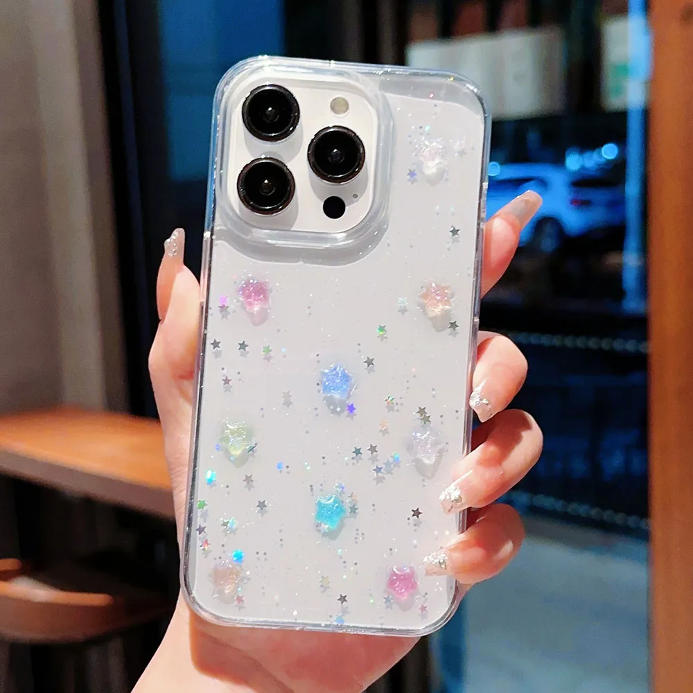 3D Crystal Star Luminous Noctilucent Stars Glitter Case For iPhone 16 15 14 Plus 13 11 12 Pro Max Plus Sequins Bling Clear Cover