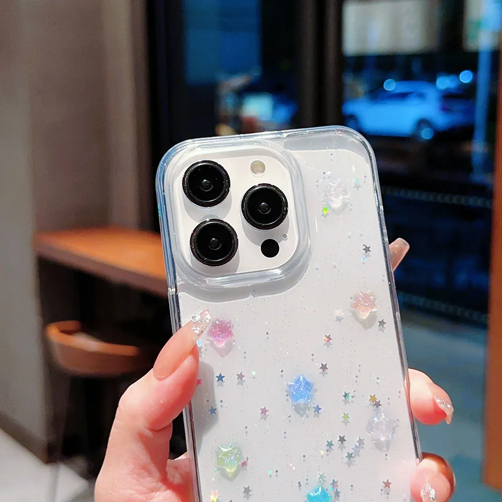 3D Crystal Star Luminous Noctilucent Stars Glitter Case For iPhone 16 15 14 Plus 13 11 12 Pro Max Plus Sequins Bling Clear Cover