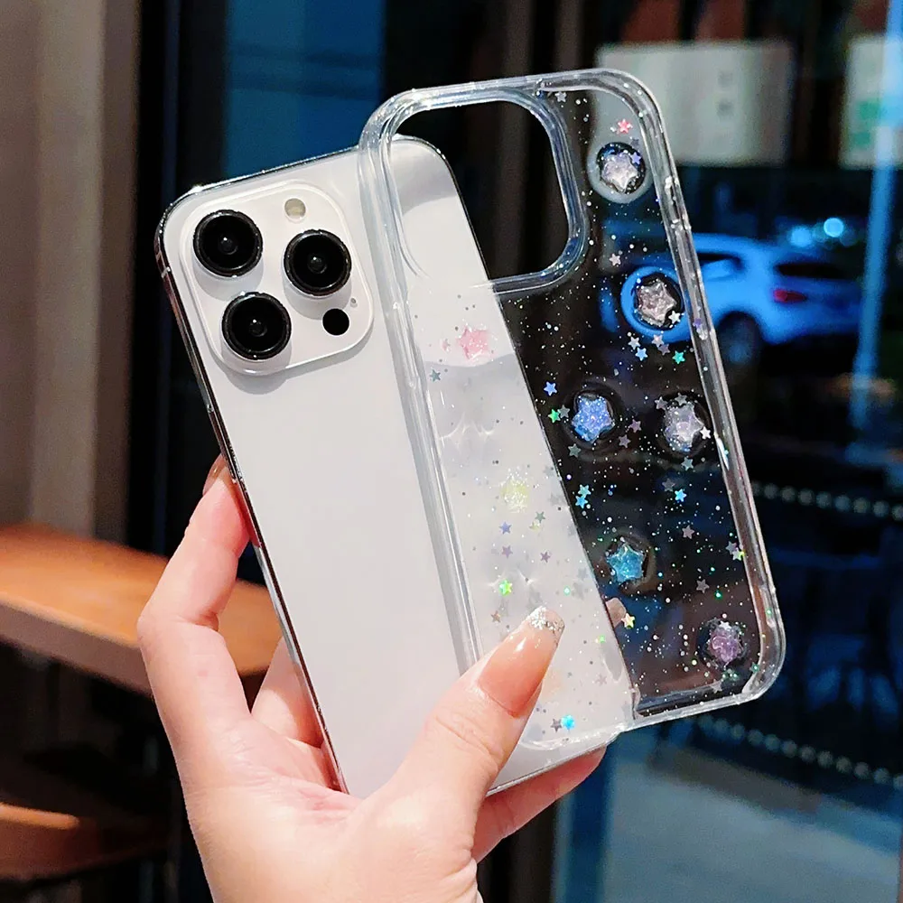 3D Crystal Star Luminous Noctilucent Stars Glitter Case For iPhone 16 15 14 Plus 13 11 12 Pro Max Plus Sequins Bling Clear Cover