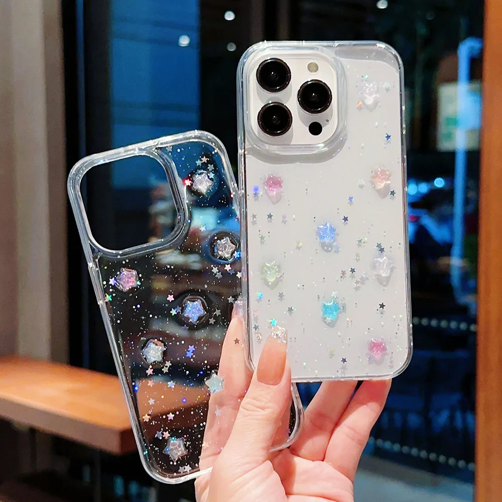 3D Crystal Star Luminous Noctilucent Stars Glitter Case For iPhone 16 15 14 Plus 13 11 12 Pro Max Plus Sequins Bling Clear Cover