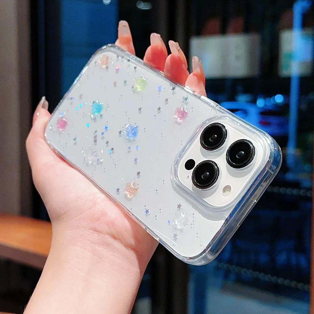 3D Crystal Star Luminous Noctilucent Stars Glitter Case For iPhone 16 15 14 Plus 13 11 12 Pro Max Plus Sequins Bling Clear Cover