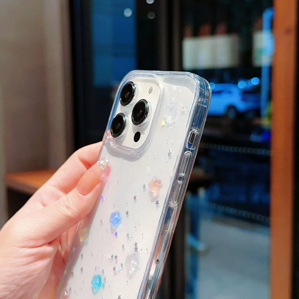 3D Crystal Star Luminous Noctilucent Stars Glitter Case For iPhone 16 15 14 Plus 13 11 12 Pro Max Plus Sequins Bling Clear Cover