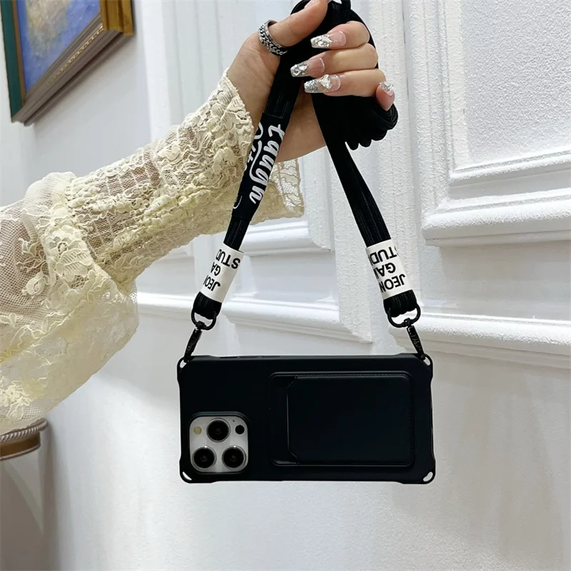 Strap Case For iPhone 17 Pro Max 16 15 14 12 18 13 Mini Plus Air Shockproof Silicone Card Slot Crossbody Necklace Lanyard Cover