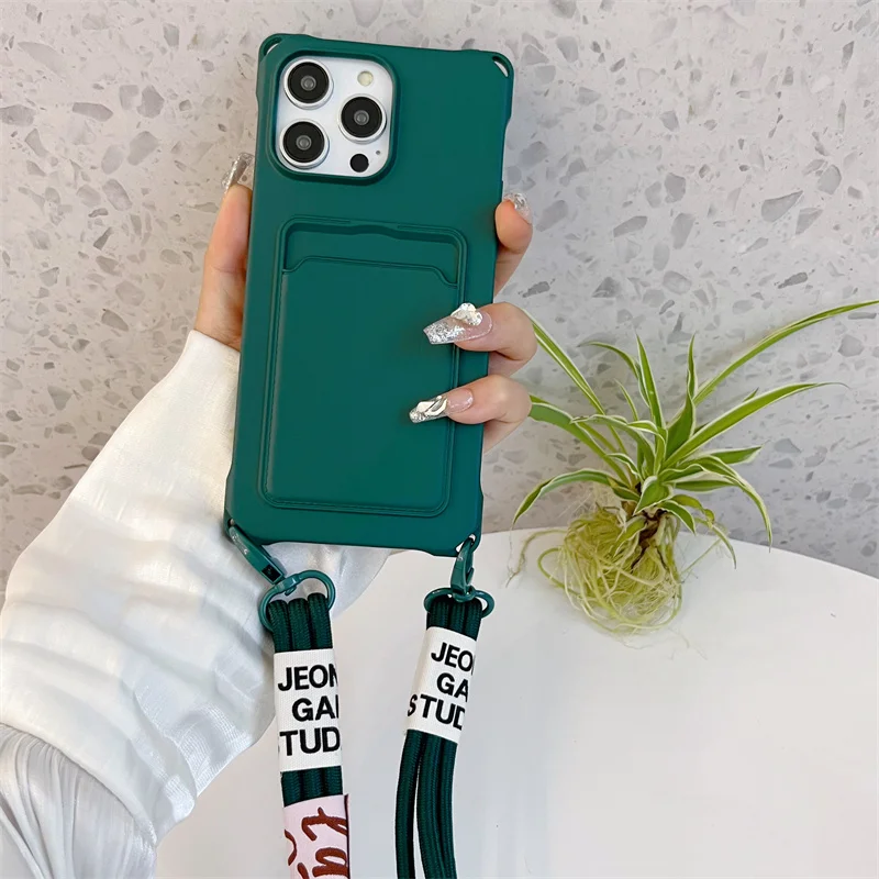 Strap Case For iPhone 17 Pro Max 16 15 14 12 18 13 Mini Plus Air Shockproof Silicone Card Slot Crossbody Necklace Lanyard Cover