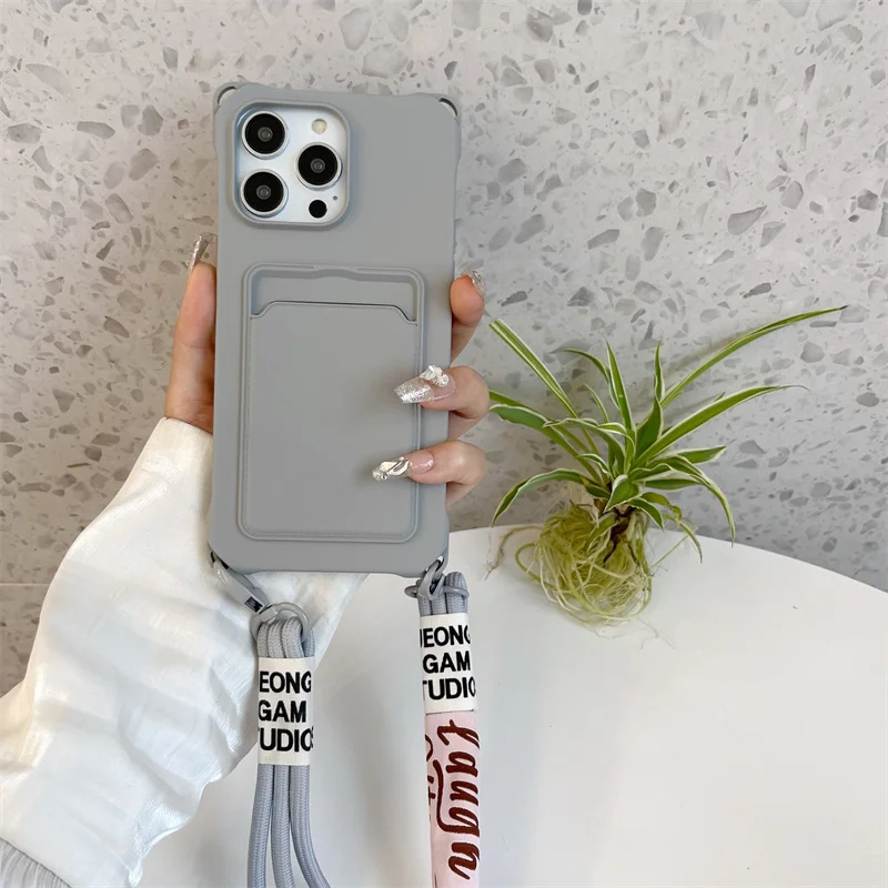 Strap Case For iPhone 17 Pro Max 16 15 14 12 18 13 Mini Plus Air Shockproof Silicone Card Slot Crossbody Necklace Lanyard Cover