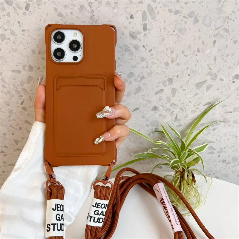 Strap Case For iPhone 17 Pro Max 16 15 14 12 18 13 Mini Plus Air Shockproof Silicone Card Slot Crossbody Necklace Lanyard Cover