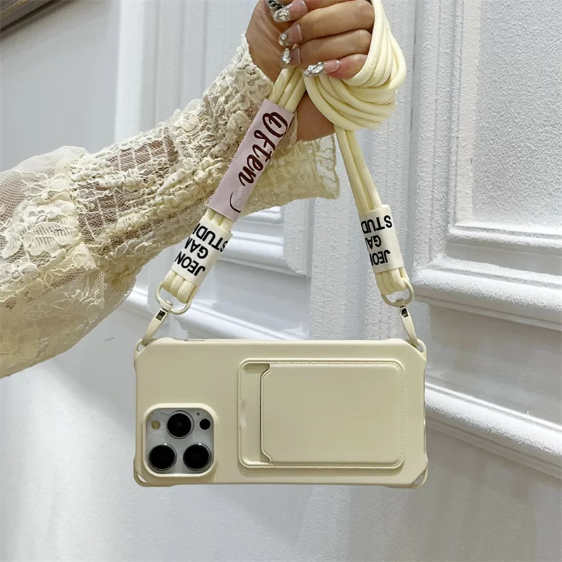 Strap Case For iPhone 17 Pro Max 16 15 14 12 18 13 Mini Plus Air Shockproof Silicone Card Slot Crossbody Necklace Lanyard Cover
