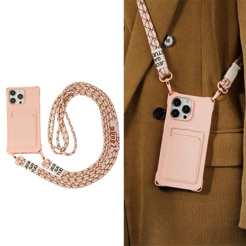 Strap Case For iPhone 17 Pro Max 16 15 14 12 18 13 Mini Plus Air Shockproof Silicone Card Slot Crossbody Necklace Lanyard Cover