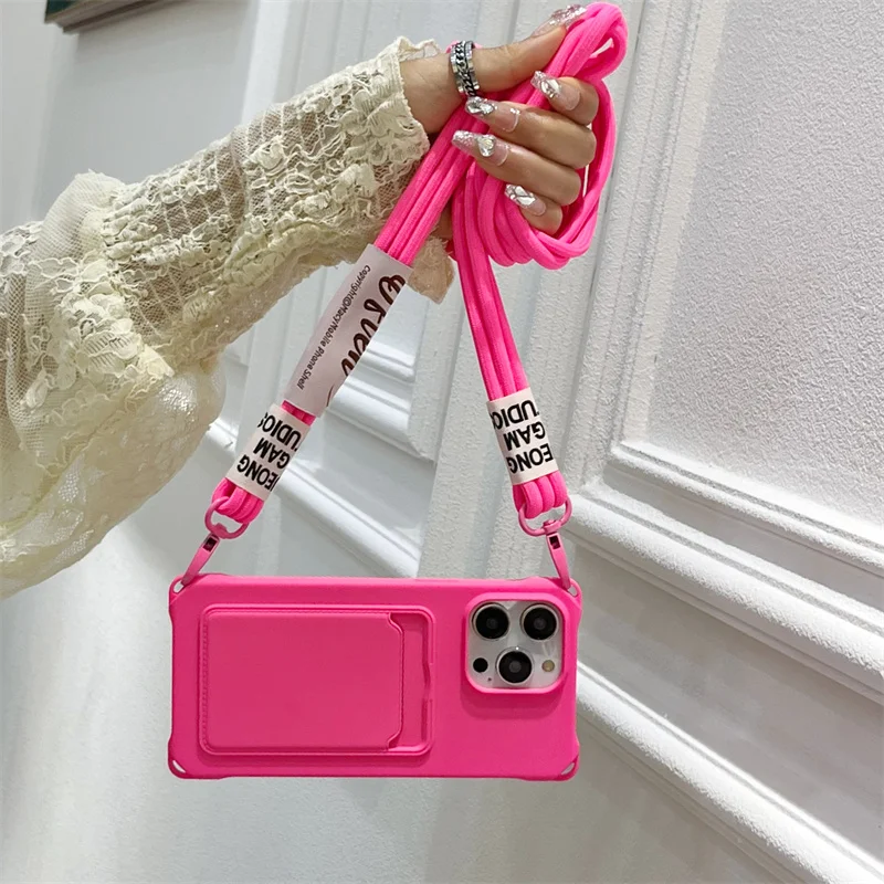 Strap Case For iPhone 17 Pro Max 16 15 14 12 18 13 Mini Plus Air Shockproof Silicone Card Slot Crossbody Necklace Lanyard Cover