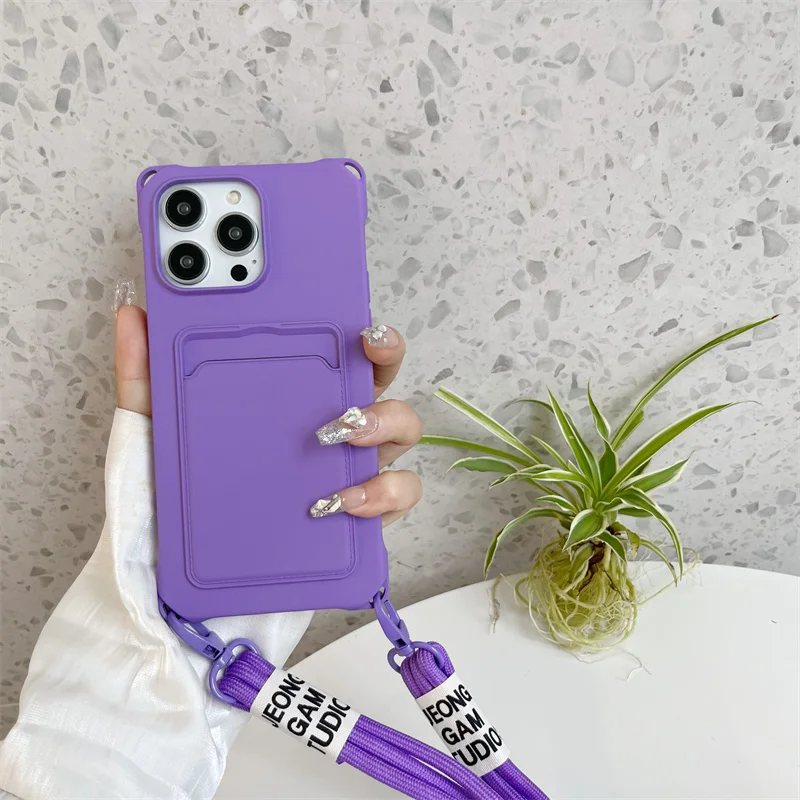 Strap Case For iPhone 17 Pro Max 16 15 14 12 18 13 Mini Plus Air Shockproof Silicone Card Slot Crossbody Necklace Lanyard Cover