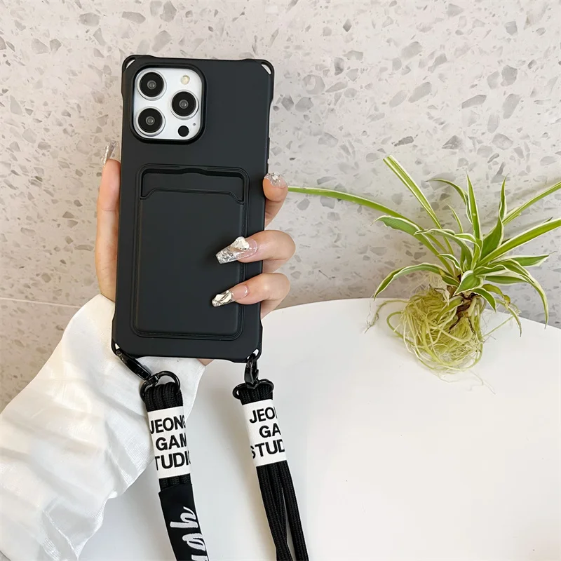 Strap Case For iPhone 17 Pro Max 16 15 14 12 18 13 Mini Plus Air Shockproof Silicone Card Slot Crossbody Necklace Lanyard Cover