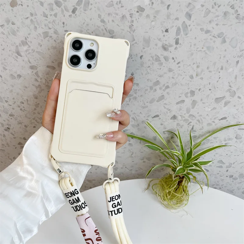 Strap Case For iPhone 17 Pro Max 16 15 14 12 18 13 Mini Plus Air Shockproof Silicone Card Slot Crossbody Necklace Lanyard Cover