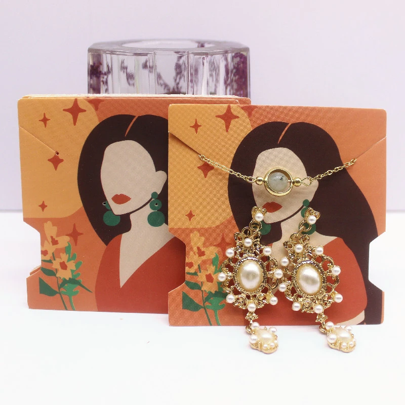 50Pcs 7.4x7.4cm White Paper Card Print Vintage Girl/Cactus Girl Pattern Earring Necklace Hairband Jewelry Display Packaging Card