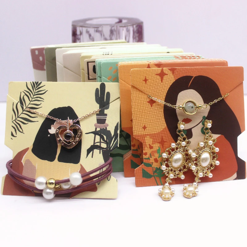 50Pcs 7.4x7.4cm White Paper Card Print Vintage Girl/Cactus Girl Pattern Earring Necklace Hairband Jewelry Display Packaging Card