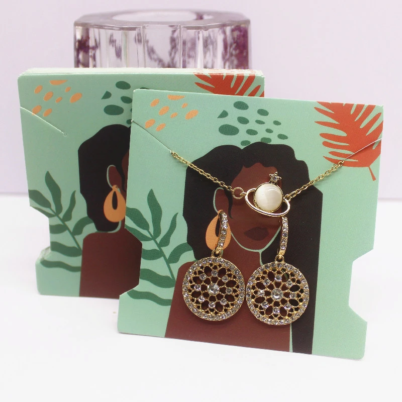 50Pcs 7.4x7.4cm White Paper Card Print Vintage Girl/Cactus Girl Pattern Earring Necklace Hairband Jewelry Display Packaging Card