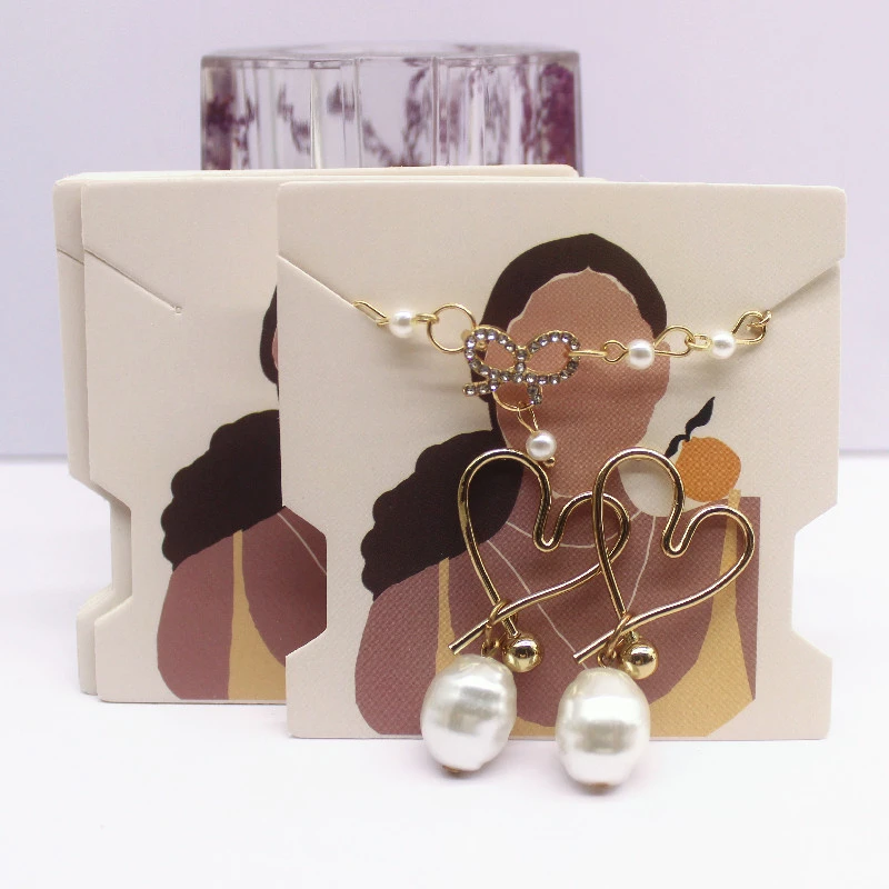 50Pcs 7.4x7.4cm White Paper Card Print Vintage Girl/Cactus Girl Pattern Earring Necklace Hairband Jewelry Display Packaging Card