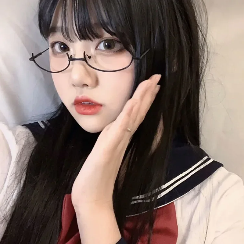 Y2K Half Frame Glasses Without Lens Girls Chic Harajuku Cosplay Party Fashion Decoration Glasses Metal Photography Fake Glasses