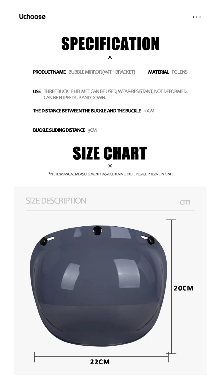 Authentic Bubble Mirror Motorcycle Helmet Three Button Type Retro Style Helmet Lenses Bubble Shield Visors Helmet Accessories