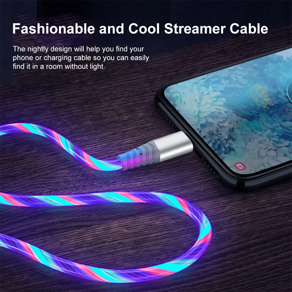 7A Glowing Cable Micro USB Type C Cable Fast Charging For iPhone Huawei Xiaomi LED light Charger Flowing Streamer USB C Cord