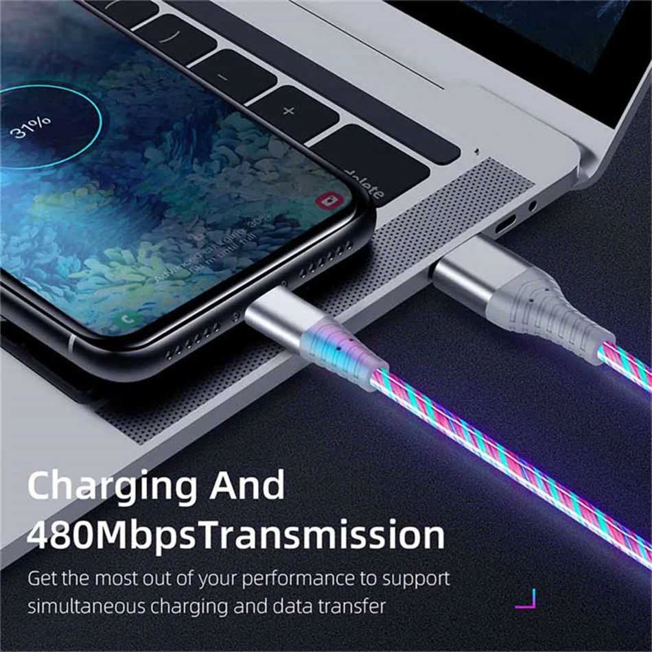 7A Glowing Cable Micro USB Type C Cable Fast Charging For iPhone Huawei Xiaomi LED light Charger Flowing Streamer USB C Cord