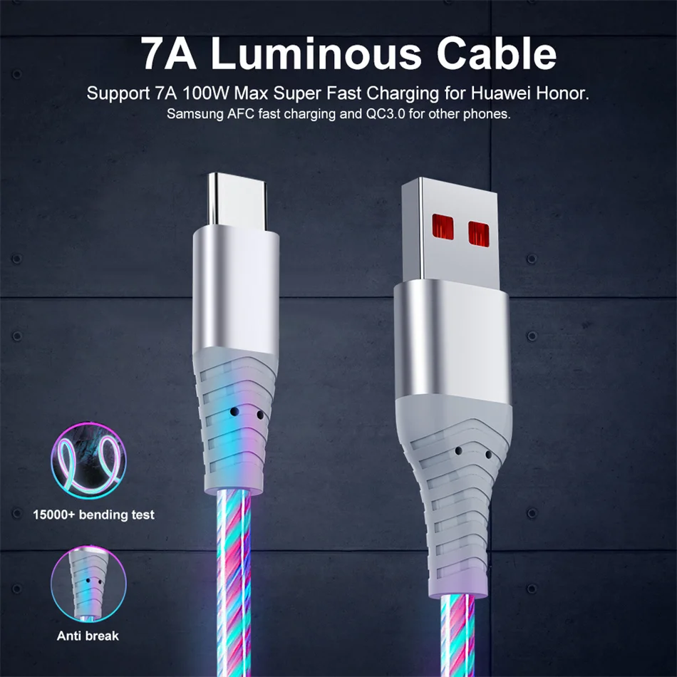 7A Glowing Cable Micro USB Type C Cable Fast Charging For iPhone Huawei Xiaomi LED light Charger Flowing Streamer USB C Cord