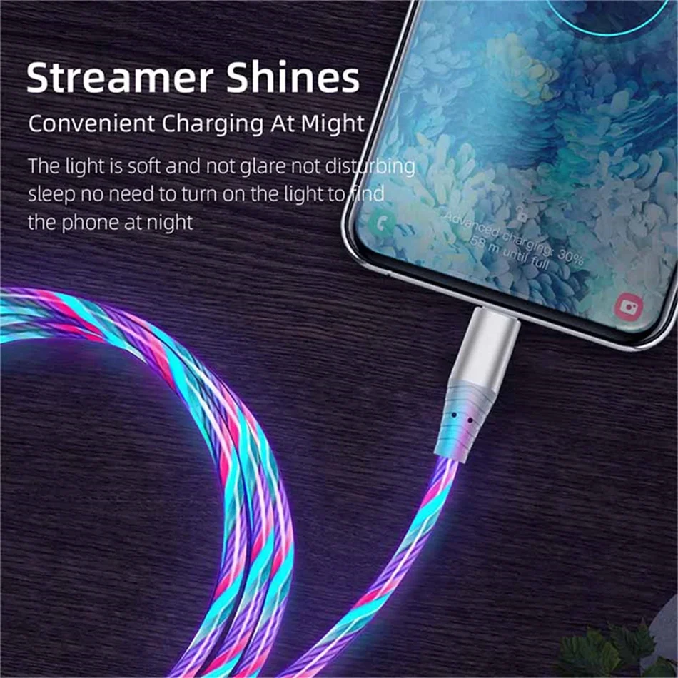 7A Glowing Cable Micro USB Type C Cable Fast Charging For iPhone Huawei Xiaomi LED light Charger Flowing Streamer USB C Cord