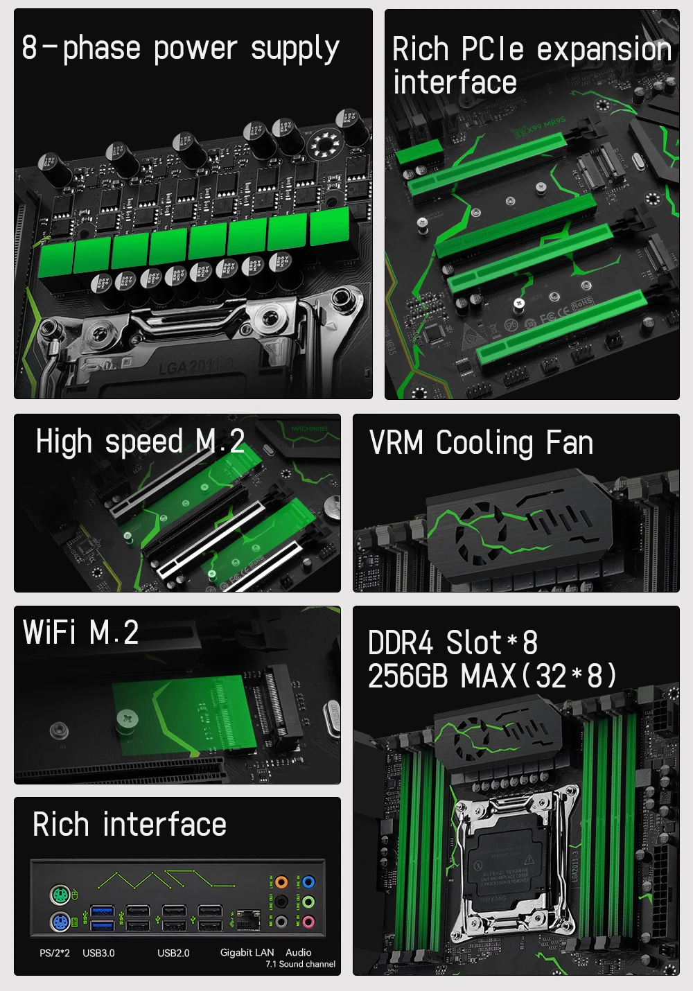 MACHINIST X99 MR9S ATX Motherboard LGA 2011-3 Supports TPM 2.0 Intel Xeon E5 V3/V4 CPU DDR4 RAM Memory NVME M.2 USB3.0