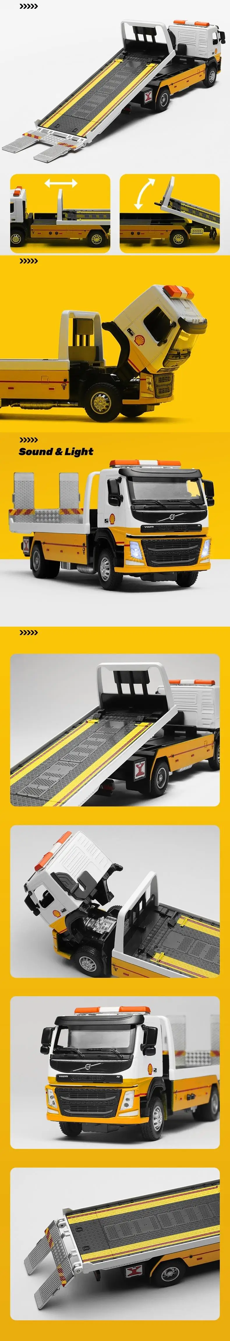 1/50 Volvo Car Trailer Tow Platform Truck Toy Car Diecast Vehicle Model Pull Back Sound & Light Educational Collection Gift Kid