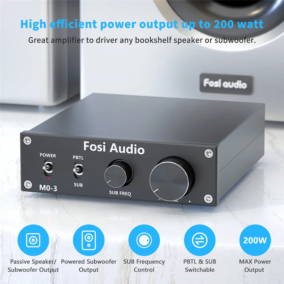 Fosi Audio M03 Power Subwoofer Amplifier 200 Watt Mono Audio Amp Digital Hifi Home Amplifier